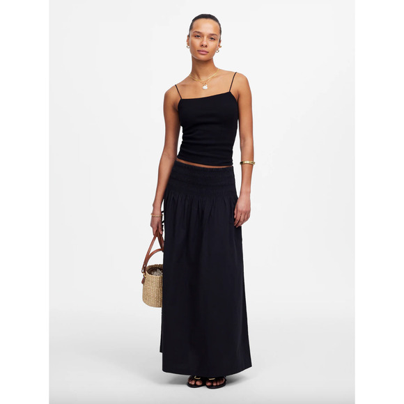 Madewell Smocked Waist Poplin Midi Skirt Cotton A Line Black Pockets XL NWT - Picture 1 of 15